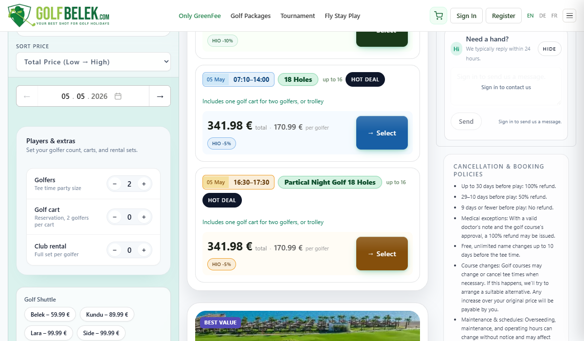 Course detail page showing seasonal price curve across the year