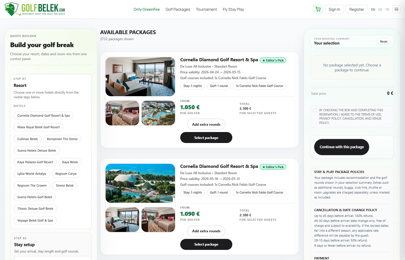 Stay & Play package selection on golfbelek.com showing hotel cards and on-site courses