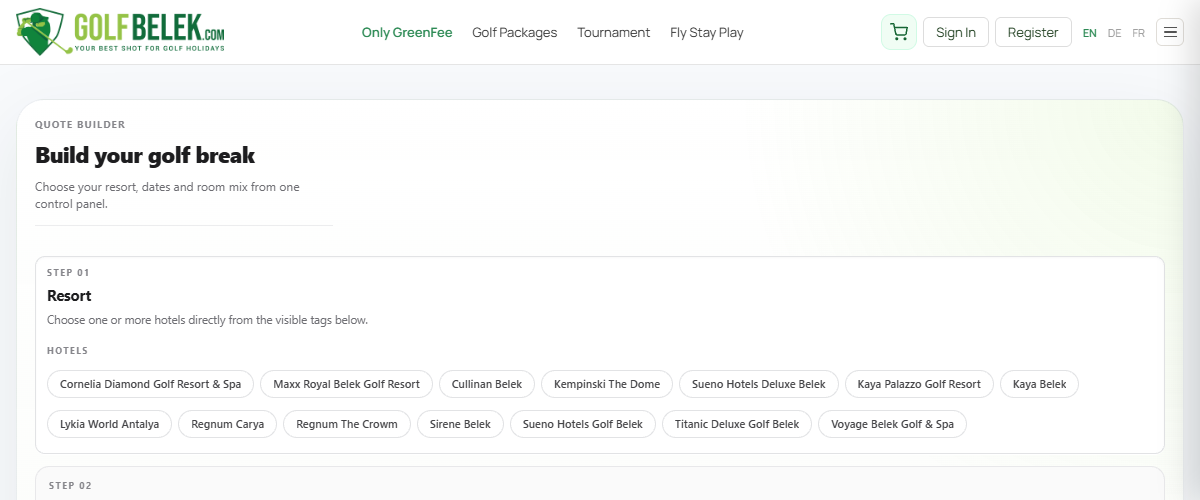 Trip-setup bar with check-in / check-out dates and golfer counts