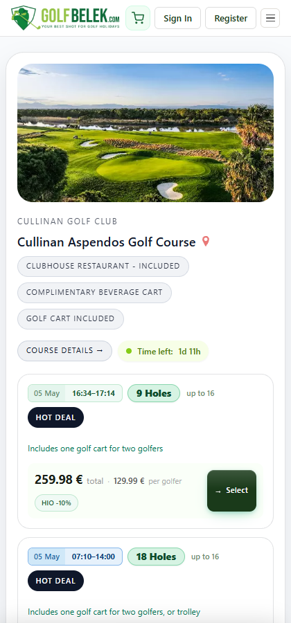 Booking sheet — slot details, golfer selector, add-ons, total
