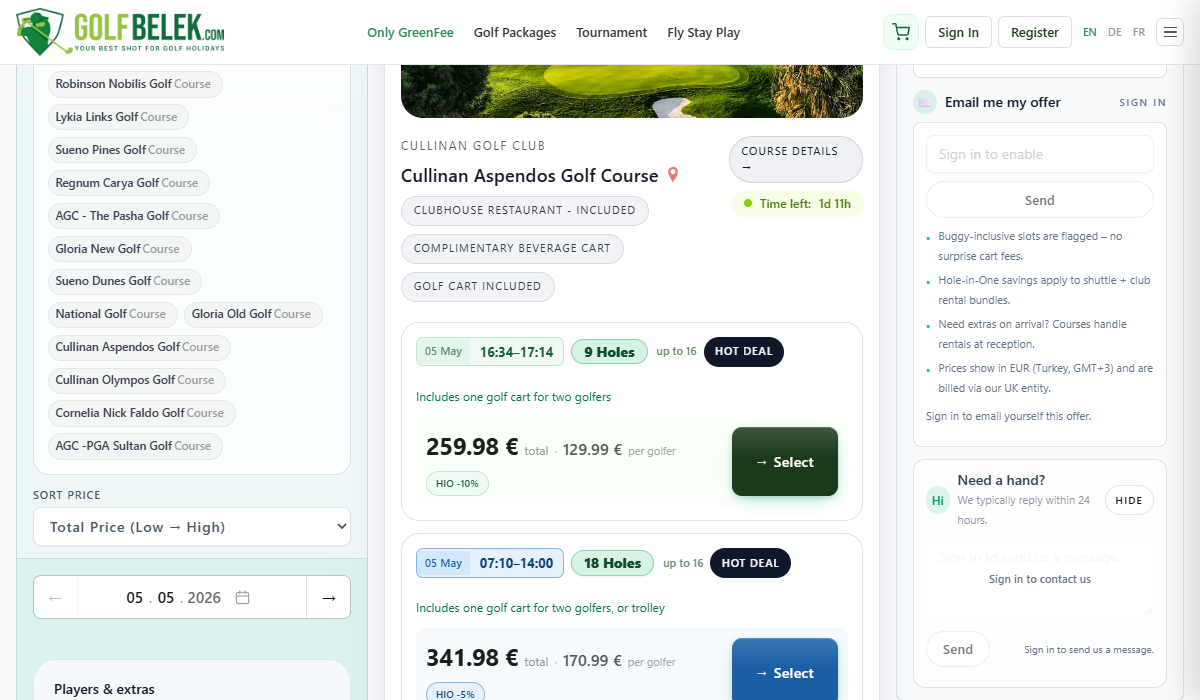 Tee-times search filtered to twilight — badge and price range